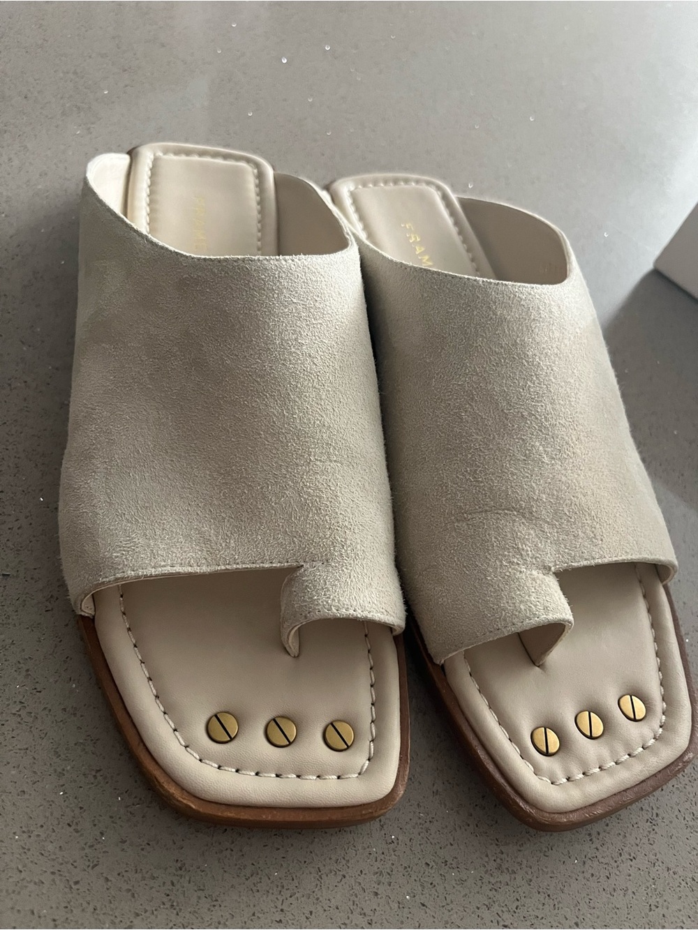 Frame Denim Nude-Beige Suede Slide Mules with Gold Studs
